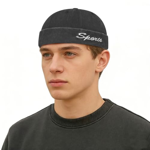 Sailor Brimless Skull Hat, Washed Cotton Docker Hat for Men Vintage - color: B-black