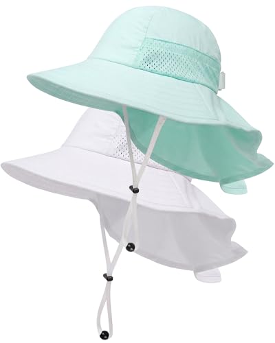 Toddler Baby Sun Hat Kids Summer Beach Essentials Adjustable Beach Hats with Bucket Wide Brim for Boys Girls Age 0-14 Years - color: 2 Pack (White+mint Green), size: 6-24 Months
