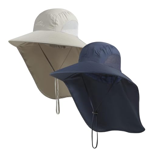 Outdoor Sun Hat for Men with 50+ UPF Protection Safari Cap Wide Brim Fishing Hat with Neck Flap, for Dad… - color: Light Grey*navy Blue