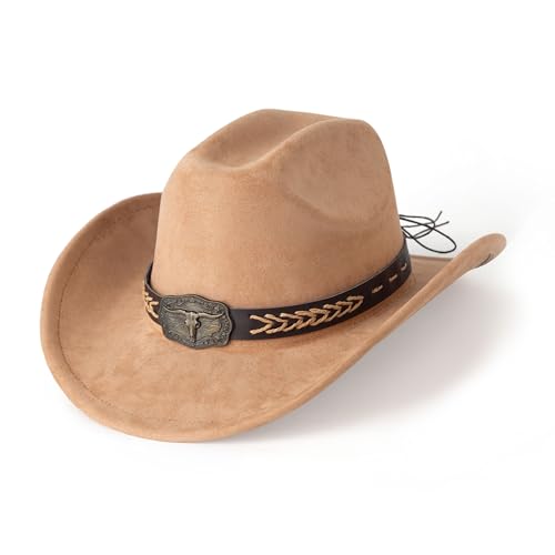 Western Cowboy Hat for Women Men Retro Suede Hat - color: Khaki-square Bull Buckle