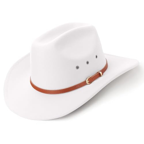 AQOKKA Western Cowboy Hats for Women Classic Felt Wide Brim Fedora Hat with Belt Buckle Retro Panama Hat Unisex Rolled up Cap - color: K-fedora Hat : White, size: Medium