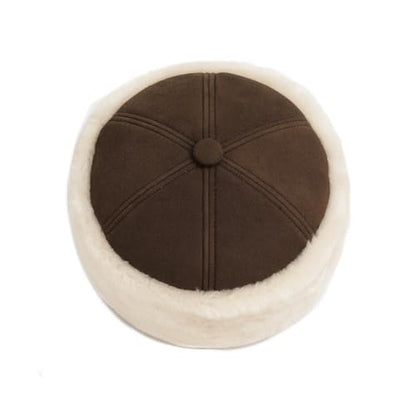 Lukkizara Winter Leather Hat Shearling Sheepskin Fur Beanie Hat - color: Brown, size: Large