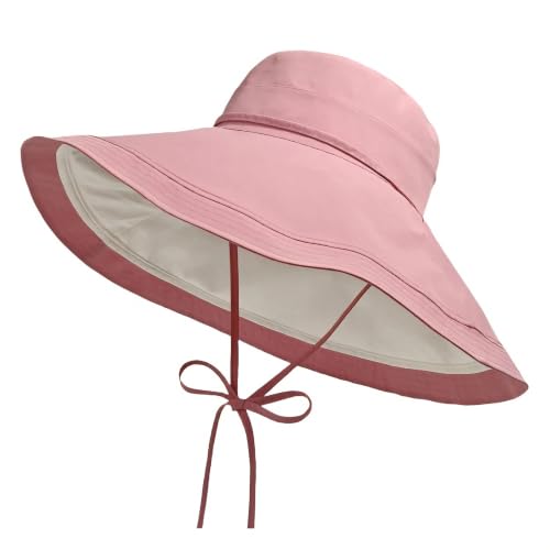 Women Bohemian Reversible Sun Hat Wide Brim Fishing Hats - color: M3016-pinkbeige