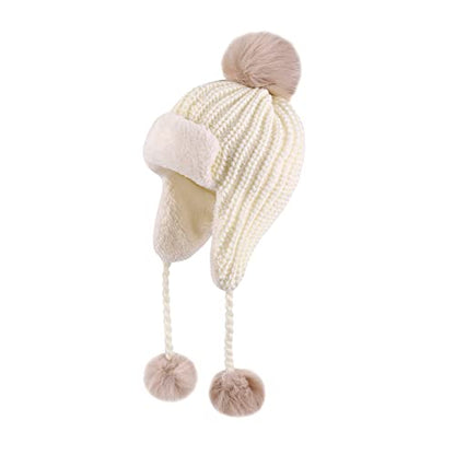 Baby Winter Hat for Girls Toddler Ear Flap Pom Pom Beanies Infant Knit Hat with Fleece Lined - color: Three Goals-white, size: 2-4T