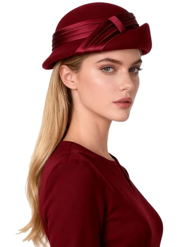 Women Wool Felt Ribbon French Fashion Vintage Millinery Beret Hats Top Cap Ladies Party Wedding Fedoras Chapeau - color: Burgundy