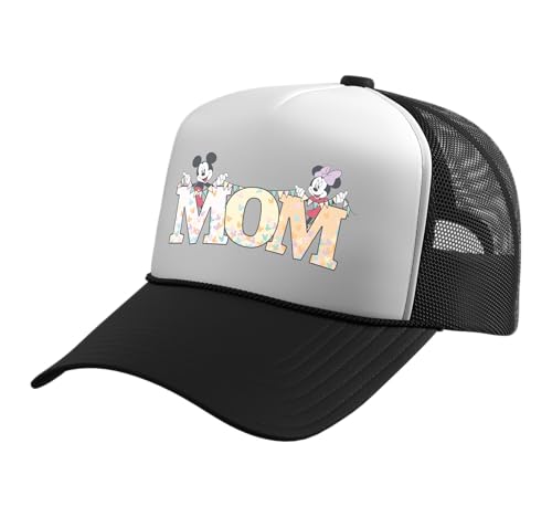 Disney Mom Mickey & Minnie Pastel Letters Family Disney Trip Trucker Hat with Adjustable Mesh Back - color: Black/White