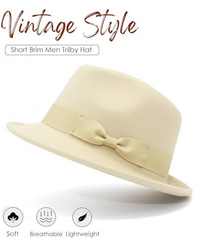 Fedora Hats for Men Women 1920s Short Brim Felt Trilby Hat - color: Beige