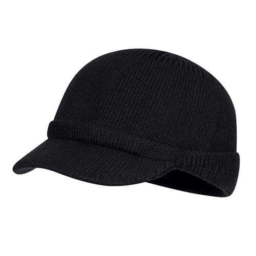CLAPE Winter Knit Beanie with Brim, Unisex Cozy Head Beanie Hat with Visor, Warm Stretchy Winter Hat - color: Kh25w11-black