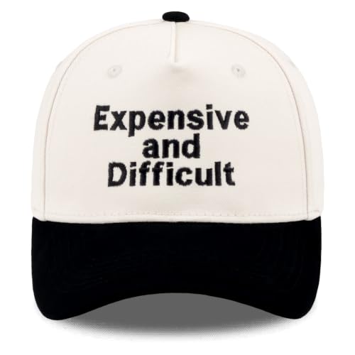 Funny Embroidered Trucker Hat, Vintage Two-Tone Cotton Baseball Cap for Men Women, Adjustable Dad Hat Gift Idea - color: Expensive and Difficult, Black/Beige
