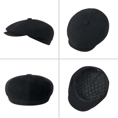 FEINION Men 8 Panel Herringbone Wool Newsboy Cap - color: Black, size: 7 3/8