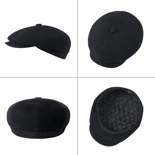 FEINION Men 8 Panel Herringbone Wool Newsboy Cap - color: Black, size: 7 5/8