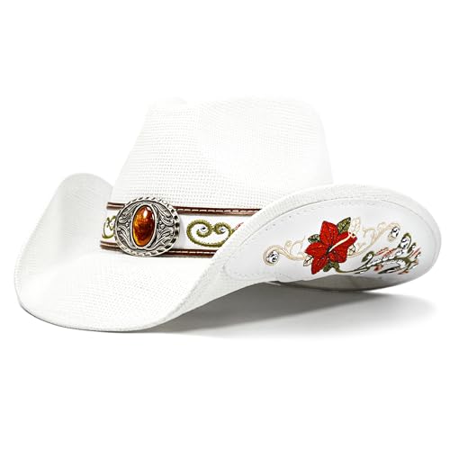 FLUFFY SENSE. Cowboy Hats for Women and Men Straw Western Hat Embroidered Cowboy Hat for Cowboys and Cowgirls - color: White, size: Medium-Large