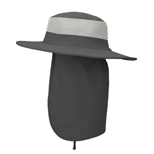 Outdoor Sun Hat UPF 50 Protection Waterproof Fishing hat Face Cover Summer Neck Flap Hat - color: Dark Gray Pro