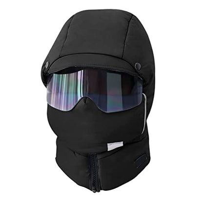 4 in 1 Ski Trapper Hat with Hooded Windproof Face Mask Thermal Plush Fleece Lined Trapper Hat Ski Cap - color: Black