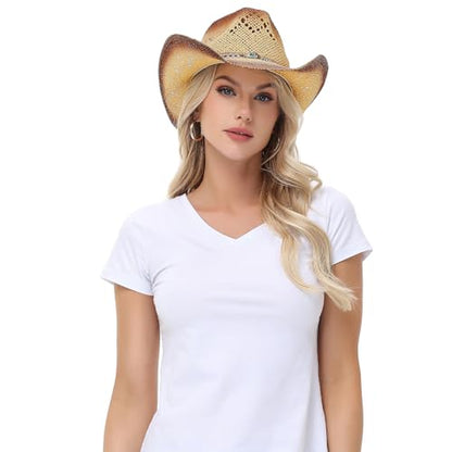WQWOVRVO Cowboy Hat,Cowgirl Hat,Cowboy Hats for Women/Mens/Straw Wide with Shapeable Brim Western Cowboy Hat for Womens - color: Tawny & Coffee Color