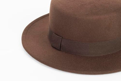 Pork Pie Hat for Men/Women, Wide Brim Felt Boater Fedora Church Derby Cap - color: Coffee