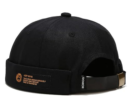 Mens Docker Cap – Brimless Beanie Skull Cap Retro Rolled Cuff Adjustable Cotton - color: Keep Going Label