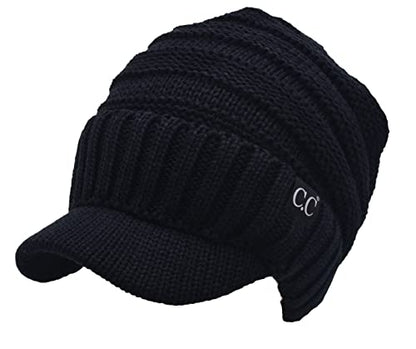 C.C Trendy Warm Oversized Chunky Soft Oversized Ribbed Slouchy Knit Hat with Visor Brim - color: Black