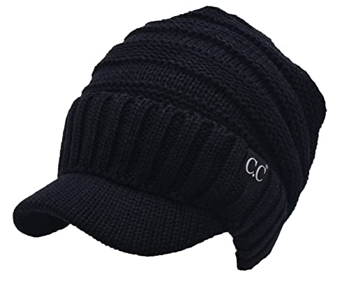 C.C Trendy Warm Oversized Chunky Soft Oversized Ribbed Slouchy Knit Hat with Visor Brim - color: Black