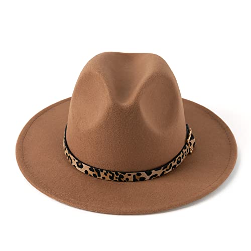 Women's Wide Brim Felt Fedora Panama Hat with Leopard - color: Khaki