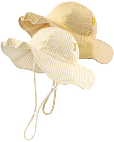 HONGTEYA Baby Sun Hat Muslin Wide Brim Toddler Girl Beach Bucket Hat - color: Yellow/Stripe, size: 0-6 Months