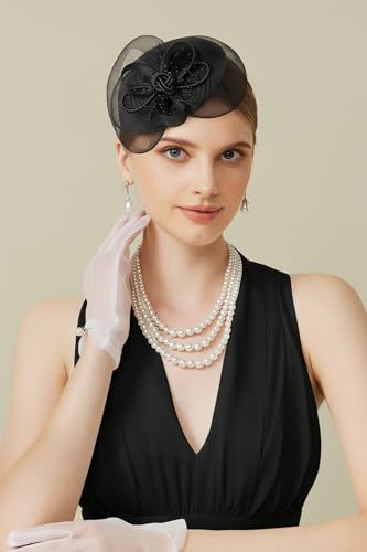 BABEYOND Fascinators Hats for Women Tulle Pillbox Knot Bead Tea Party Hat - color: Black