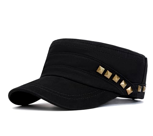 Military Cadet Army Cap for Men Women-Washed Cotton Vintage Adjustable Flat Top Baseball Hat - color: Studded Black