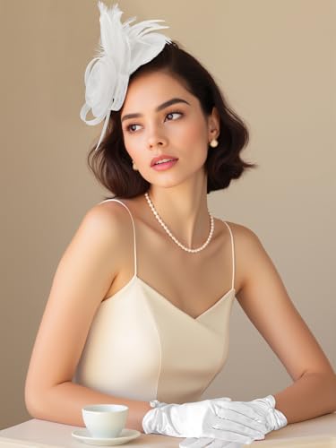 2Pcs 50s Fascinators Hats for Women Wedding Cocktail Flower Mesh Ribbons Feathers Church Tea Party Hats and Lace Glove - color: White