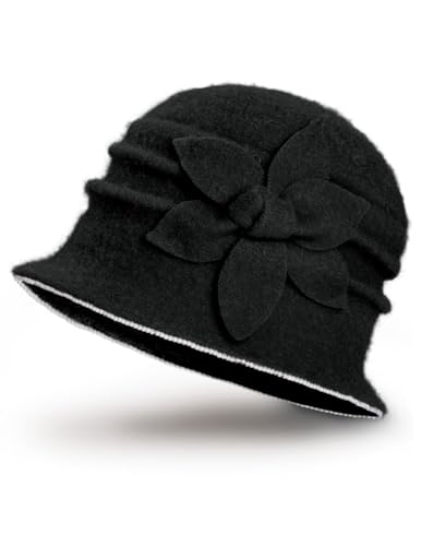 Dahlia Women's Winter Hat - Wool Vintage Cloche/Bucket Hat, Daisy Flower - color: Daisy Flower Black