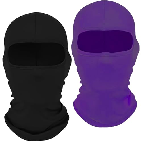 2Pcs Full Face Cover Ski Mask Balaclava Unisex Hood Cap Neck Gaiter UV Protector for Outdoor Sports Snowboard Travel - color: Black + Purple