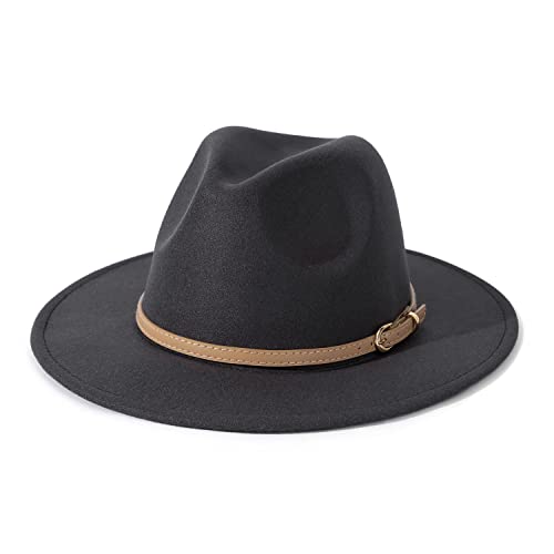 Lisianthus Women Classic Felt Fedora Wide Brim Hat with Belt Buckle - color: Dark Grey