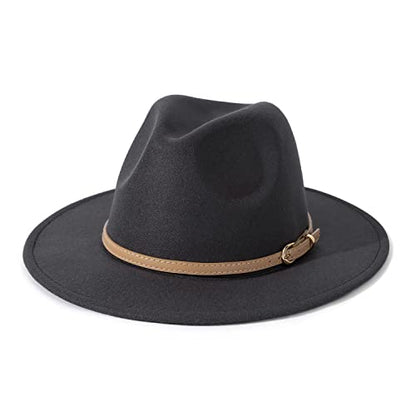 Lisianthus Women Classic Felt Fedora Wide Brim Hat with Belt Buckle - color: Dark Grey