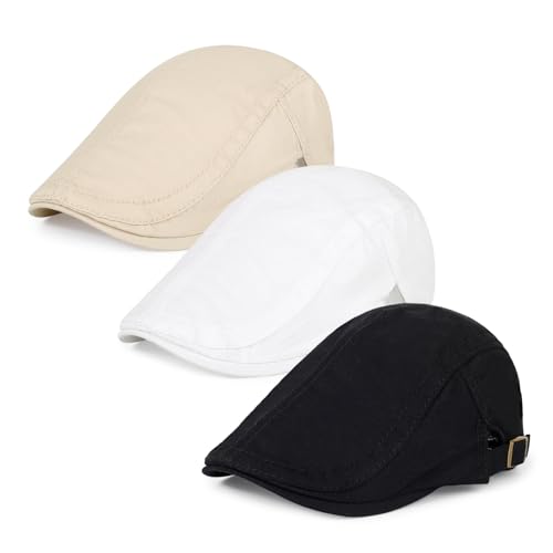 3Pcs Cotton Newsboy Hat for Men Cool Adjustable Flat Cap - color: # -Black+white+khaki