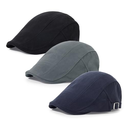 3Pcs Cotton Newsboy Hat for Men Cool Adjustable Flat Cap - color: Black+darkgrey+navy