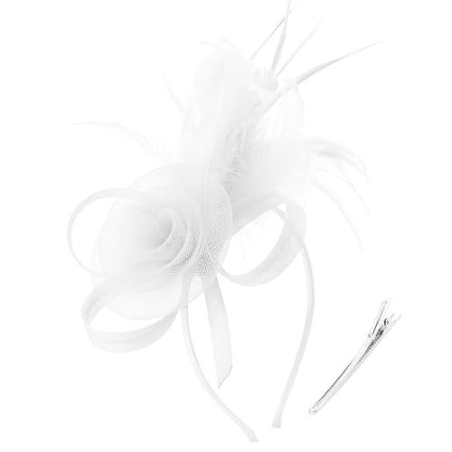 DRESHOW Fascinators Hats for Women Tulle Feather Tea Party Fascinator Hats - color: White