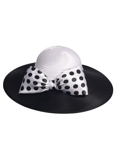 Women Wide Brim Rose Black Patchwork Kentucky Hat for Wedding Party Hat Big Bowknot Polka Dots Fedora Hats - color: White Black