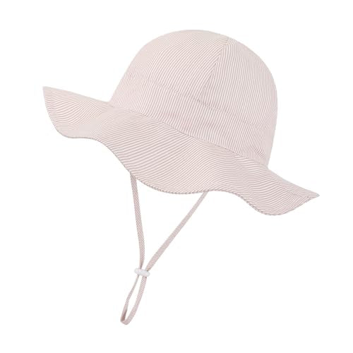 Baby Girl Sun Hat Toddler Beach Hats with UPF 50+ Protective Infant Summer Hat with Wide Brim Baby Girls Bucket Hat - color: Beige Stripe + Khaki Stripe, size: 12-24 Months
