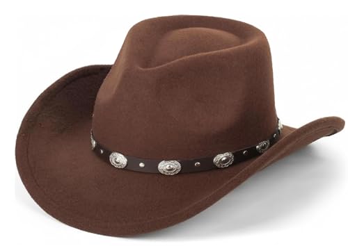 Vintage Roll Up Western Cowboy Hat for Men Women Cowgirl Fedora Hats Black/Brown Different Decorative Band M - color: Brown Cowboy Hat