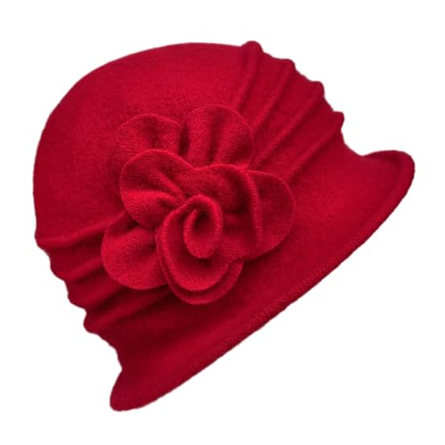 YING LAN Women Beret Hat Cloche Bucket Hat Vintage Floral Wool Classic Winter Hat 1920s - color: B-red