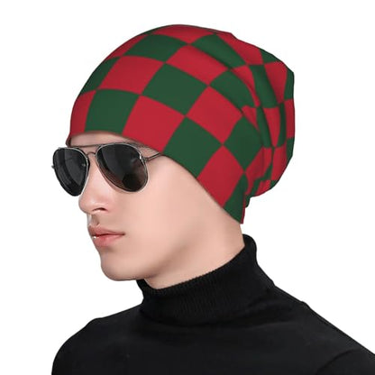 Slouchy Beanie Hat Skull Cap Chemo Headwear Baggy Hats for Men Women Running Cycling - color: Red Green Checkered