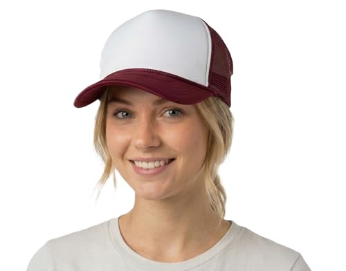 NYFASHION101 Plain Mesh Trucker Hat - Breathable 6-Panel Daily Snapback Cap, Customizable Ideal for DIY Embroidery & Patches - color: Maroon/White