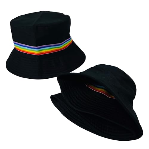 Pride Unisex Bucket Hat Reversible Double-Side-Wear Packable for Travel, Outdoors, and Beach - color: Black With Rainbow Band