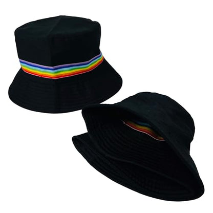 Pride Unisex Bucket Hat Reversible Double-Side-Wear Packable for Travel, Outdoors, and Beach - color: Black With Rainbow Band