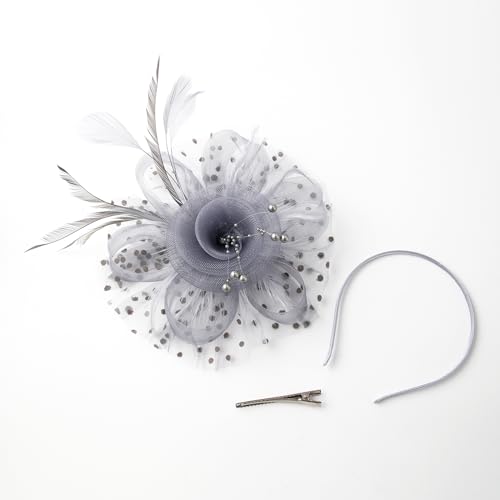JUNBESTN Fascinators Hat Tea Party Headwear for Women Flower Mesh Feathers Headband - color: Grey