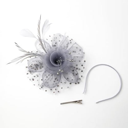 JUNBESTN Fascinators Hat Tea Party Headwear for Women Flower Mesh Feathers Headband - color: Grey