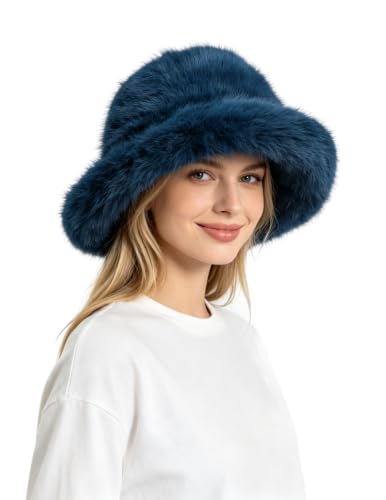 Lina & Lily Oversized Winter Faux Fur Bucket Hat for Women - Long Pile Fur Wide Moldable Brim - color: Teal Blue