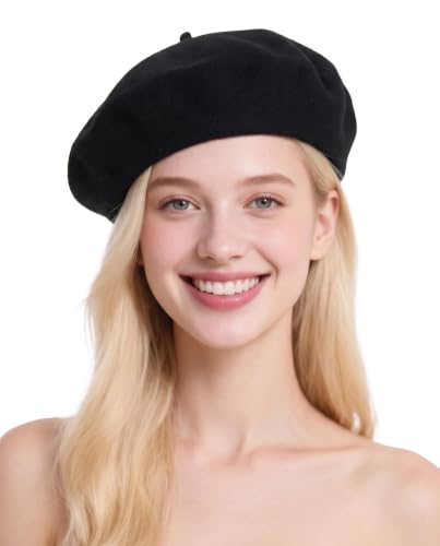French Beret Hats for Women - Wool Solid Color Beanie Cap - color: Black