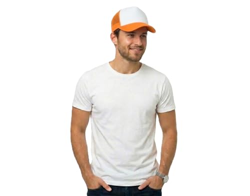 NYFASHION101 Plain Mesh Trucker Hat - Breathable 6-Panel Daily Snapback Cap, Customizable Ideal for DIY Embroidery & Patches - color: Orange/White