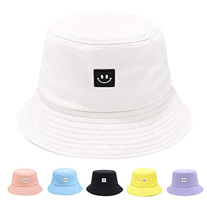 Kids Sun Hat Smile Face Bucket Hat for Girls Boys Summer Sun Protection Cotton Unisex Beach Cap - color: White