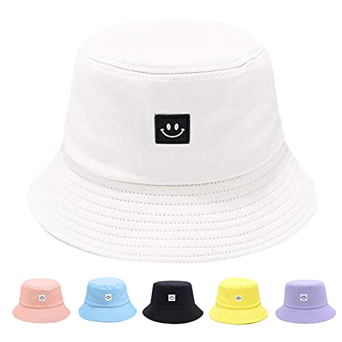 Kids Sun Hat Smile Face Bucket Hat for Girls Boys Summer Sun Protection Cotton Unisex Beach Cap - color: White